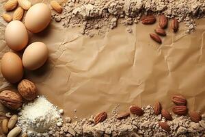 Protein powder eggs and nuts on a brown crumpled paper background photo
