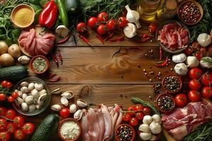 Rustic ingredients frame of colorful vegetables herbs spices and raw meats on a wooden table photo