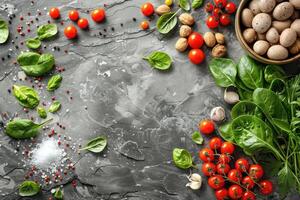 Rustic ingredients frame of fresh vegetables herbs and spices on slate background photo