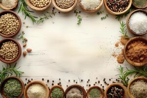 An assortment of spices and herbs in wooden bowls on a rustic table photo