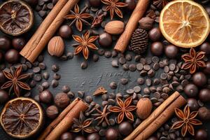 Scrumptious assortment of chocolate nuts spices and dried orange slices on a dark background photo