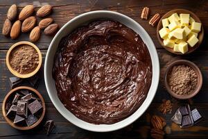 Decadent Creamy Velvety Chocolate Ganache in a Bowl with Nuts and Cocoa Powder photo