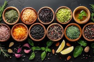 An assortment of colorful spices and dried herbs in wooden bowls on a dark stone background photo