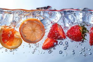 Sparkling Citrus and Strawberry Slices Floating in Water with Ice Cubes photo