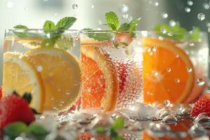 Refreshing citrus and strawberry sparkling water with floating fruit slices and mint photo