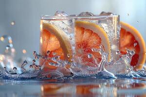 Refreshing grapefruit slices in sparkling water with an icy splash photo