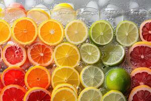 Citrus slices arranged in a colorful pattern with water droplets photo