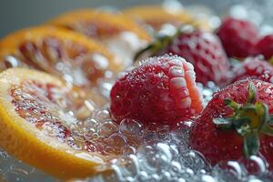 Closeup view of red raspberries and orange slices in water with bubbles photo