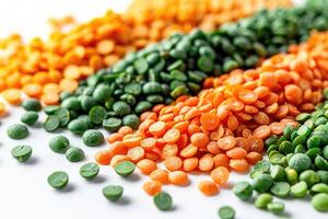 Colorful lentils scattered on a white surface photo