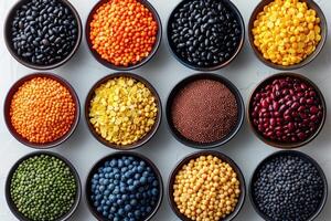 Colorful variety of beans lentils and peas in bowls on a white background photo