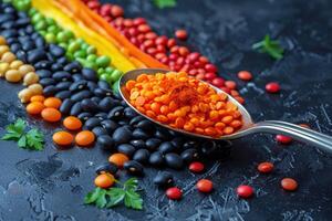 Colorful arrangement of various types of lentils and beans with a silver spoon holding red lentils and red chili powder on a black background photo
