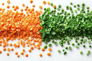 Colorful lentils and peas arranged in a visually pleasing pattern on a white background photo