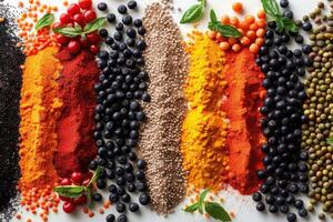 Colorful spices and berries arranged in neat rows on a white surface photo