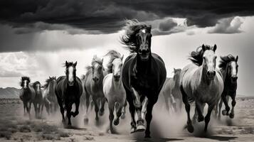Black stallions with long mane run on dark background in monochrome scene. Neural network photo
