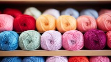 Many multi-colored balls of threads on a knitted fabric, close-up. Neural network photo