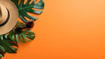 Summer getaway concept. Top view of a some travel props on bright color background. Neural network photo