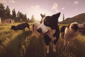 Flock of sheep with dog on green field. Neural network photo
