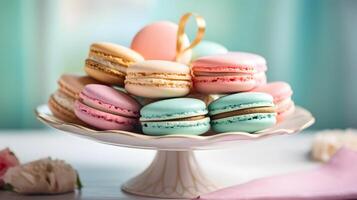 Plate with tasty macarons on table served for party. Neural network photo