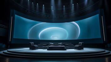Big empty hall for podcast, interview or public TV show. Neural network photo