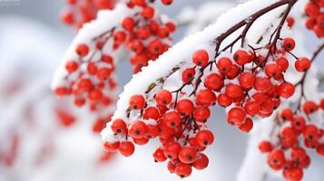 Red winter berries on tree branches during snowfall. Neural network photo