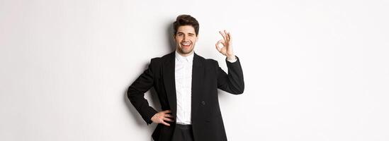 Concept of new year party, celebration and lifestyle. Portrait of confident, successful businessman in suit, showing okay sign and winking, approve something good, white background photo