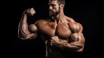 tense arm clenched into fist, veins, bodybuilder muscles on a dark background. Neural network photo