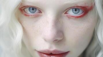 Albino girl with white skin, natural lips and white hair. Neural network photo