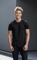 A portrait of a man in a black t-shirt and jeans, standing against a neutral grey background. photo