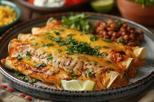 A vibrant plate of chicken enchiladas topped with melted cheese, garnished with fresh cilantro and a drizzle of sour cream, served with a side of Mexican rice and refried beans. photo