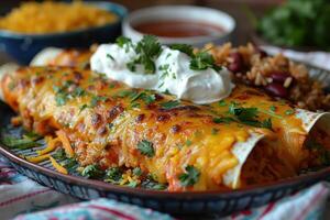 A vibrant plate of chicken enchiladas topped with melted cheese, garnished with fresh cilantro and a drizzle of sour cream, served with a side of Mexican rice and refried beans. photo