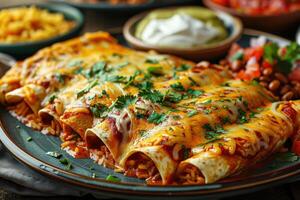 A vibrant plate of chicken enchiladas topped with melted cheese, garnished with fresh cilantro and a drizzle of sour cream, served with a side of Mexican rice and refried beans. photo