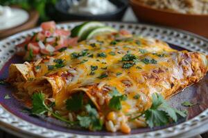A vibrant plate of chicken enchiladas topped with melted cheese, garnished with fresh cilantro and a drizzle of sour cream, served with a side of Mexican rice and refried beans. photo