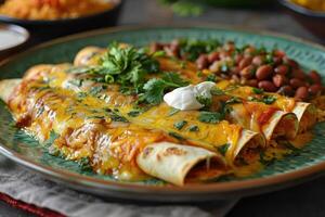 A vibrant plate of chicken enchiladas topped with melted cheese, garnished with fresh cilantro and a drizzle of sour cream, served with a side of Mexican rice and refried beans. photo
