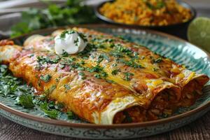 A vibrant plate of chicken enchiladas topped with melted cheese, garnished with fresh cilantro and a drizzle of sour cream, served with a side of Mexican rice and refried beans. photo