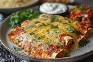 A vibrant plate of chicken enchiladas topped with melted cheese, garnished with fresh cilantro and a drizzle of sour cream, served with a side of Mexican rice and refried beans. photo
