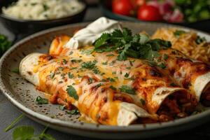 A vibrant plate of chicken enchiladas topped with melted cheese, garnished with fresh cilantro and a drizzle of sour cream, served with a side of Mexican rice and refried beans. photo