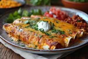 A vibrant plate of chicken enchiladas topped with melted cheese, garnished with fresh cilantro and a drizzle of sour cream, served with a side of Mexican rice and refried beans. photo