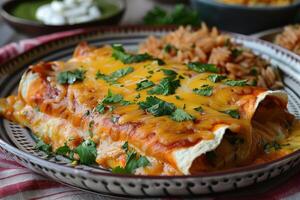 A vibrant plate of chicken enchiladas topped with melted cheese, garnished with fresh cilantro and a drizzle of sour cream, served with a side of Mexican rice and refried beans. photo
