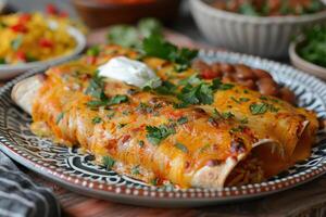 A vibrant plate of chicken enchiladas topped with melted cheese, garnished with fresh cilantro and a drizzle of sour cream, served with a side of Mexican rice and refried beans. photo
