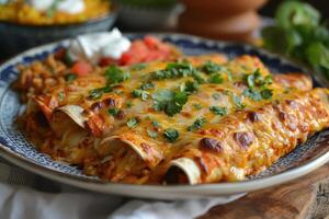 A vibrant plate of chicken enchiladas topped with melted cheese, garnished with fresh cilantro and a drizzle of sour cream, served with a side of Mexican rice and refried beans. photo