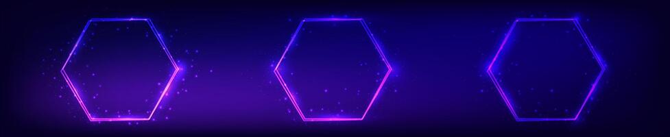 Neon double hexagon frame with shining effects vector