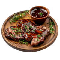 Plate of Grilled Steak with Sauce, Garnishes, on Transparent background AI-Generative png