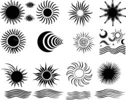 The icons depict suns with different designs, including abstract, stylized, and illustrative variations, often combined with waves, moons, and stars vector