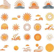 The icons depict suns with different designs, including abstract, stylized, and illustrative variations, often combined with waves, moons, and stars vector