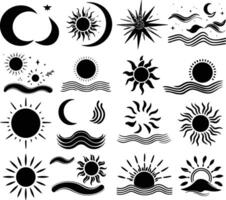 The icons depict suns with different designs, including abstract, stylized, and illustrative variations, often combined with waves, moons, and stars vector