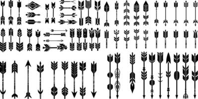 A diverse collection of black silhouette arrows, featuring various styles and designs. This set includes traditional, modern, and decorative arrows, ideal for graphic design vector