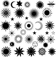 The icons depict suns with different designs, including abstract, stylized, and illustrative variations, often combined with waves, moons, and stars vector