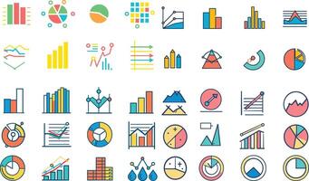 A set of charts and graphs related icons for your design. Graphics and statistics icons set. Collection of simple linear web icons, line charts, candlesticks, combined, bar charts, pie charts vector