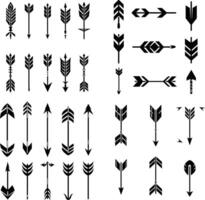 A diverse collection of black and white arrow icons in various styles and designs. The set includes different types of arrows with unique feather patterns and shapes, vector