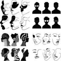 A diverse collection of abstract and minimalist illustrations of human faces and profiles. This set features line art, silhouette portraits, and artistic interpretations of facial features vector
